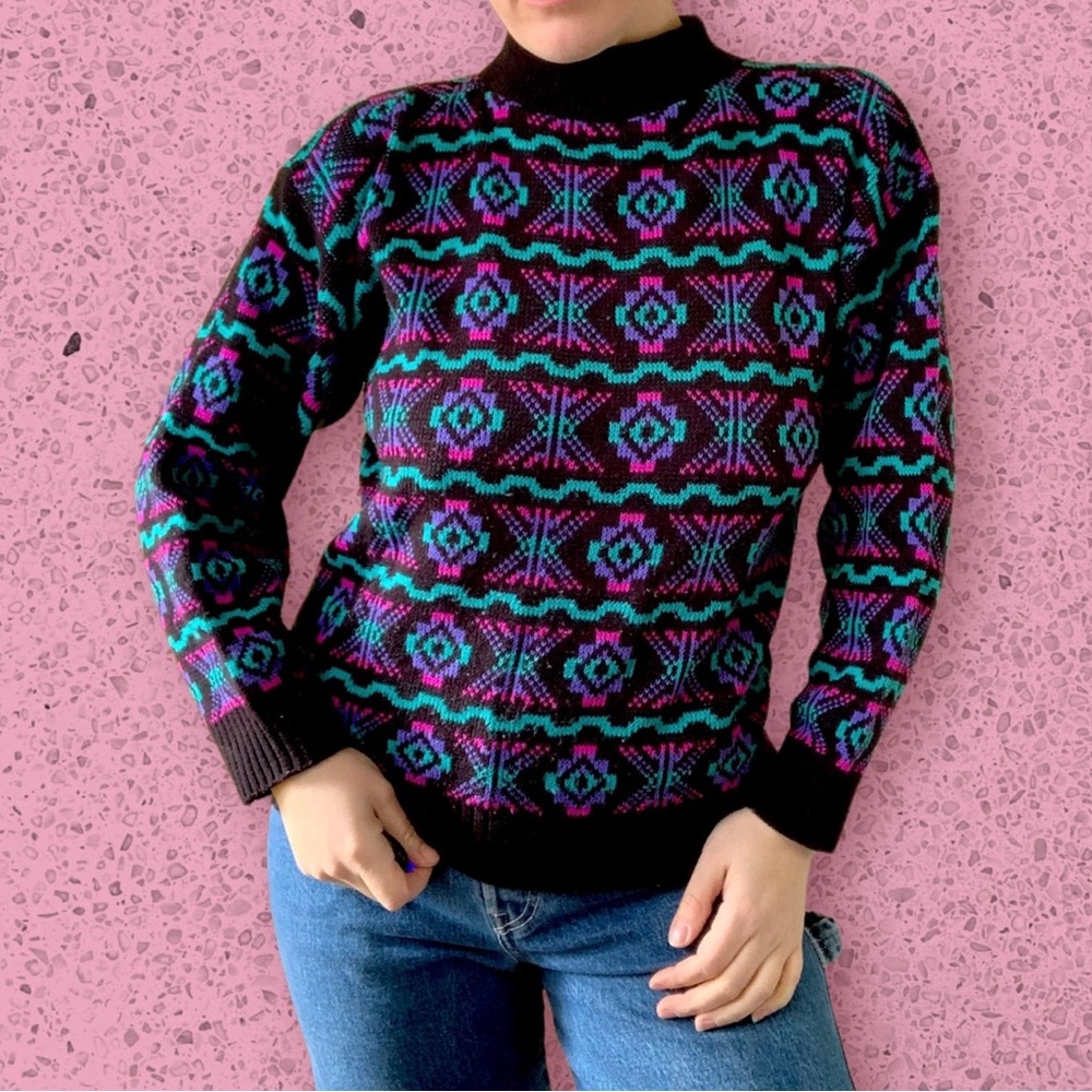 Vintage 1980s Jamenits Black Teal Purple Funky Acrylic Mock-Neck Sweater